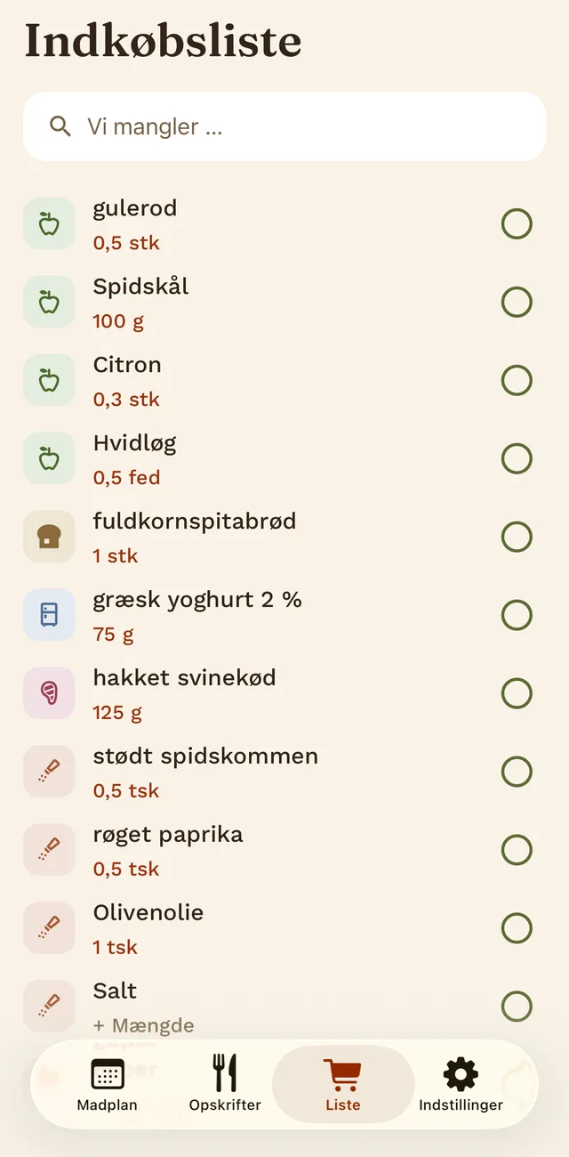 Indkøbslisten med varer, mængder og kategori-ikoner.