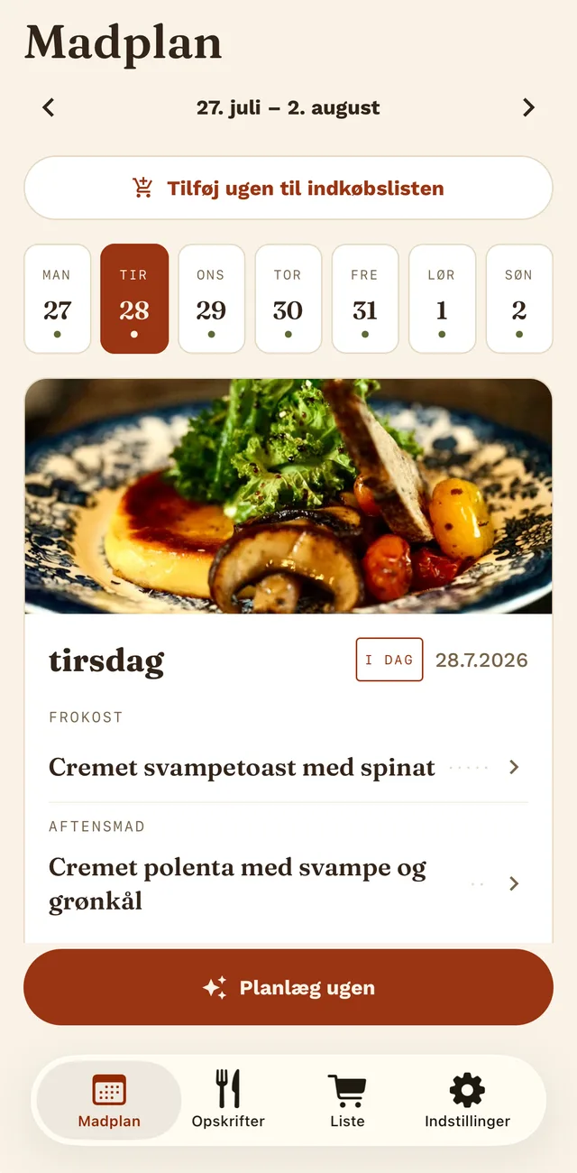 Madplanen med dagslinje og måltiderne for hver dag.