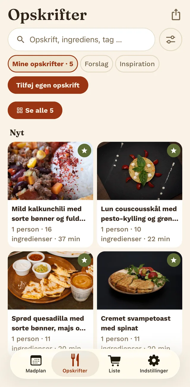 Opskriftssamlingen i Tellerino med billeder, portioner og tilberedningstider.