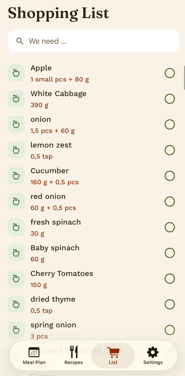 The shopping list with items, amounts, and category icons.