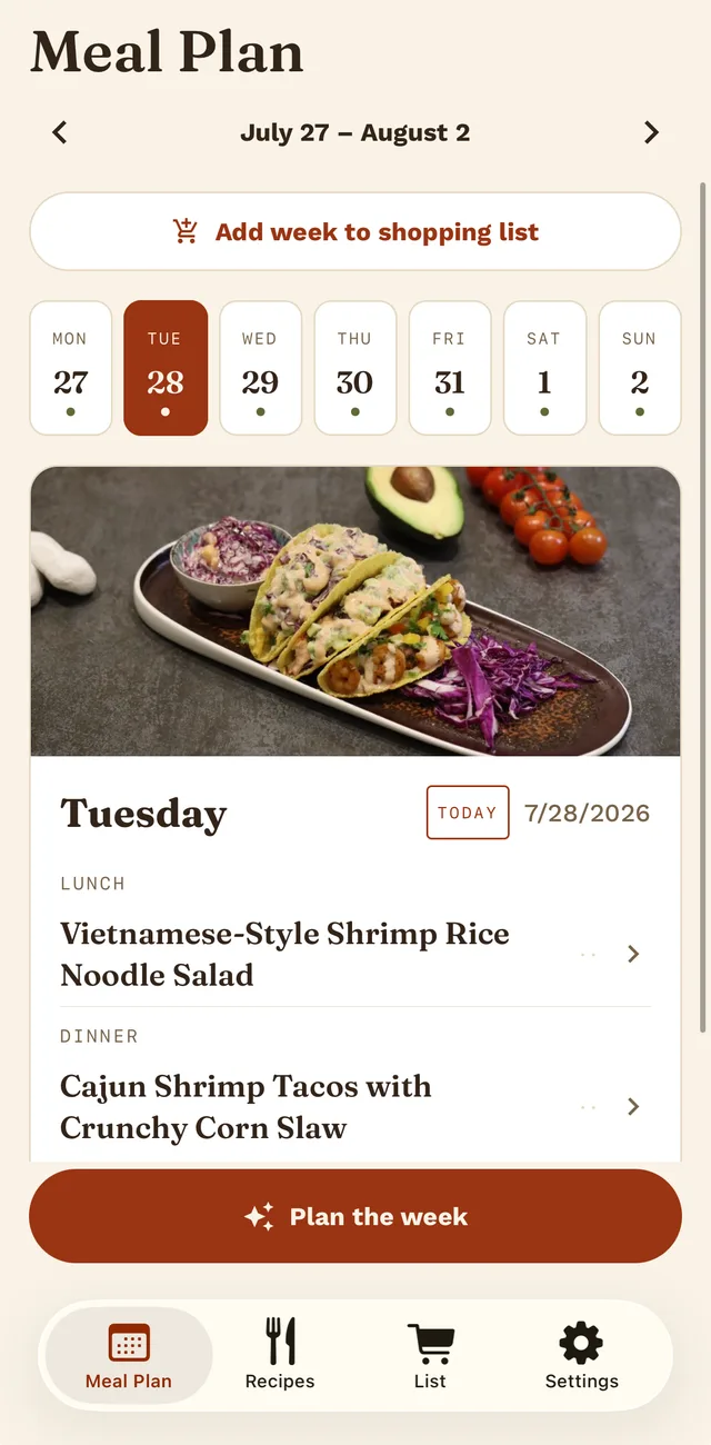 A week's meal plan with day strip and the meals for each day.
