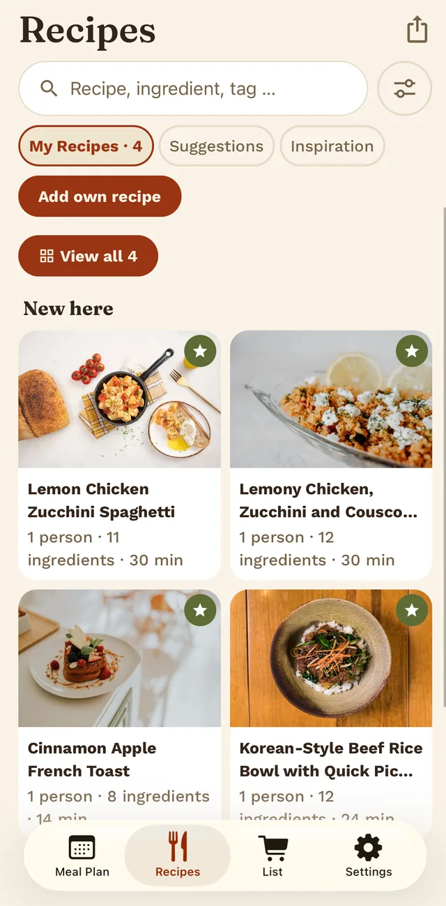 The recipe collection in Tellerino, with photos, servings and cooking times.