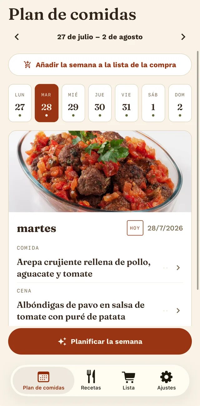 El menú de una semana con la barra de días y las comidas de cada día.