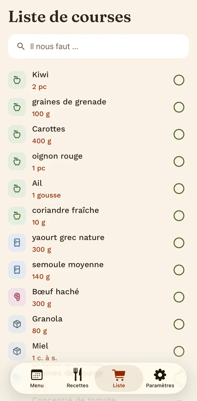 La liste de courses avec articles, quantités et icônes de catégories.