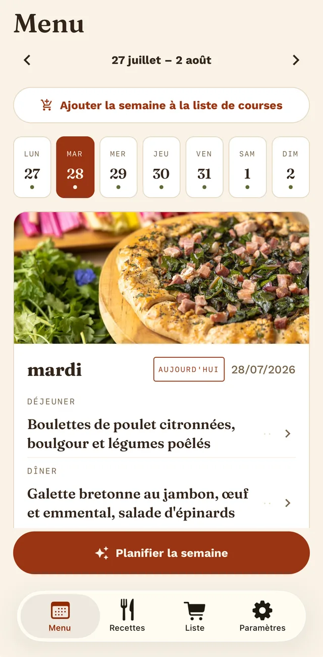 Le planning d'une semaine avec la barre des jours et les repas de chaque jour.