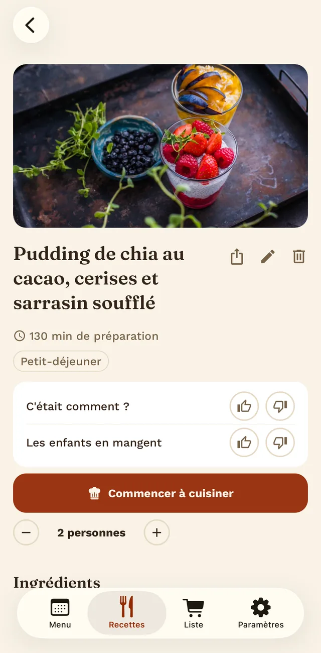 Une recette dans Tellerino avec photo, temps de préparation et calcul des portions.