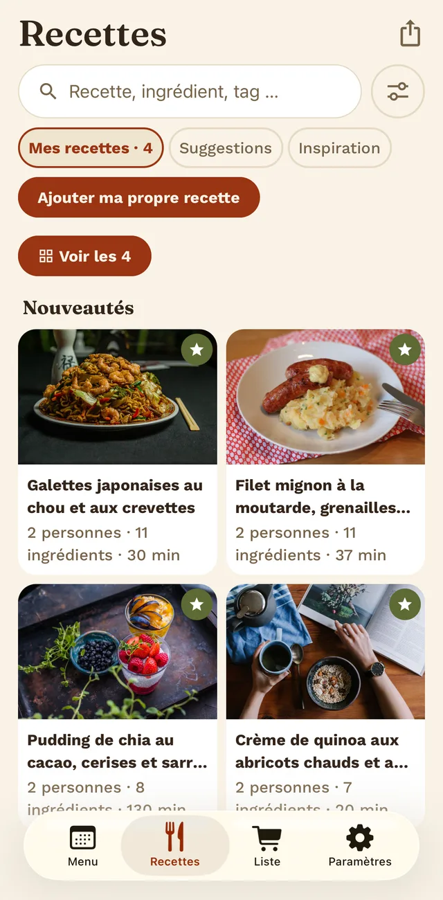 La collection de recettes dans Tellerino, avec photos, portions et temps de cuisson.