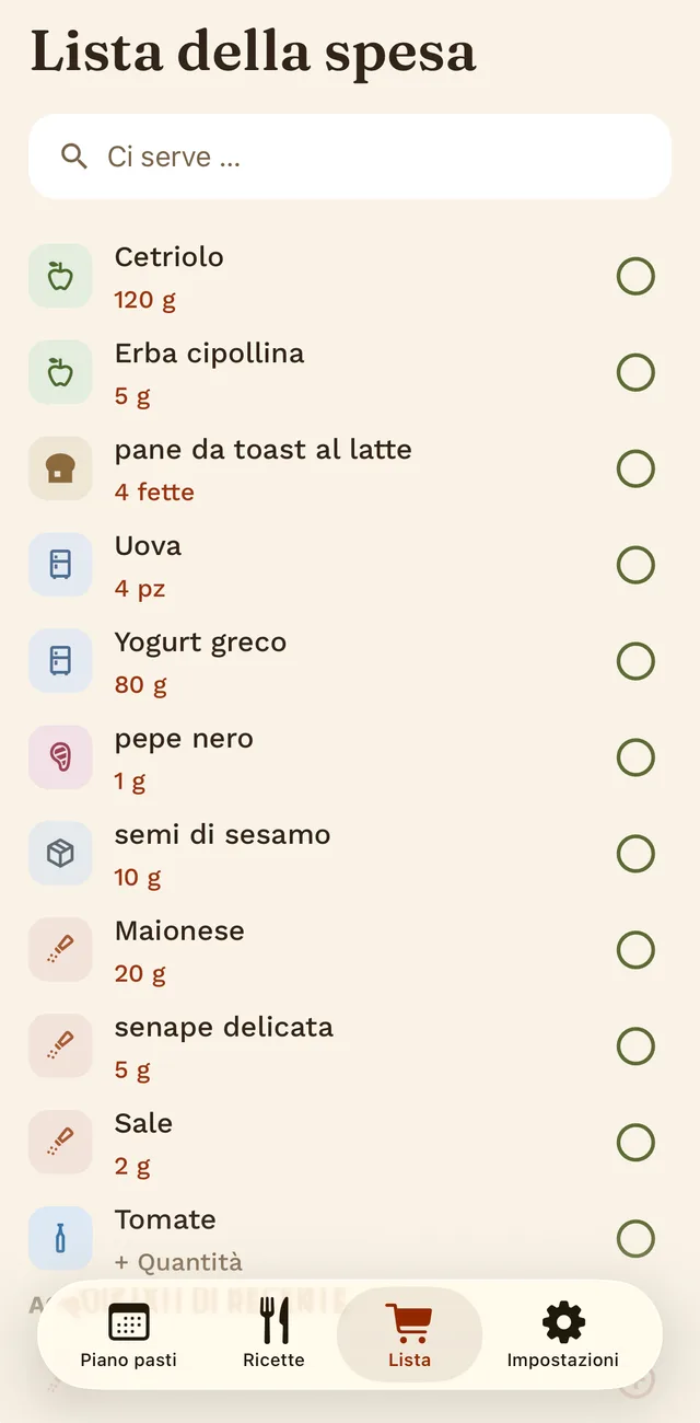 La lista della spesa con articoli, quantità e icone delle categorie.