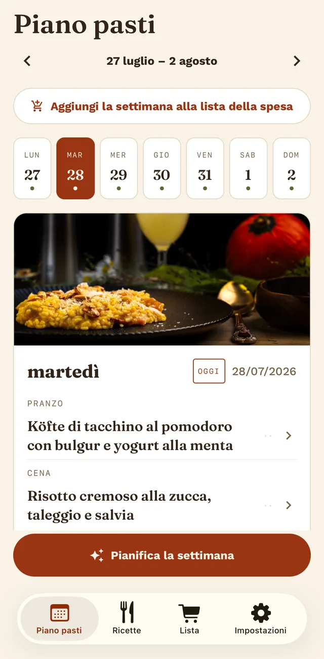 Il menù di una settimana con la barra dei giorni e i pasti di ogni giorno.