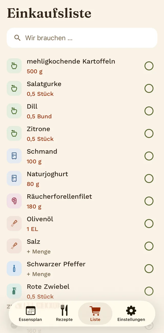 Die Einkaufsliste mit Artikeln, Mengen und Kategorie-Symbolen.