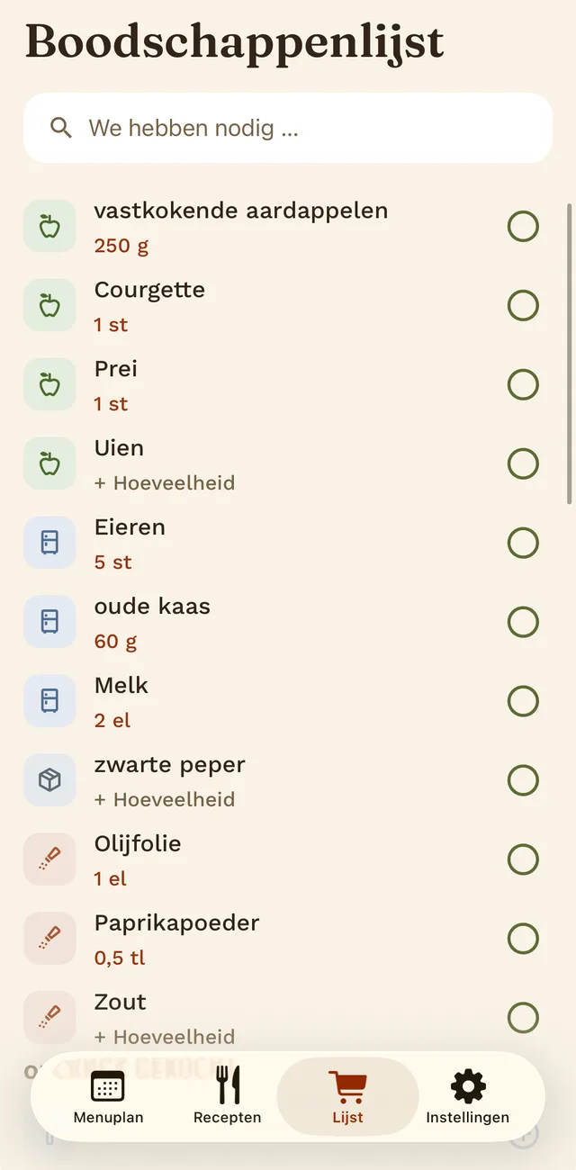 De boodschappenlijst met artikelen, hoeveelheden en categorie-iconen.