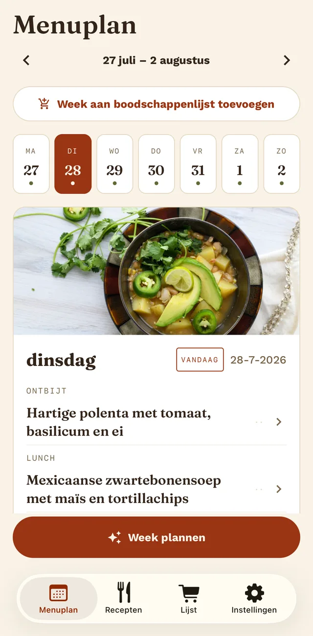 Het weekmenu met dagbalk en de maaltijden per dag.