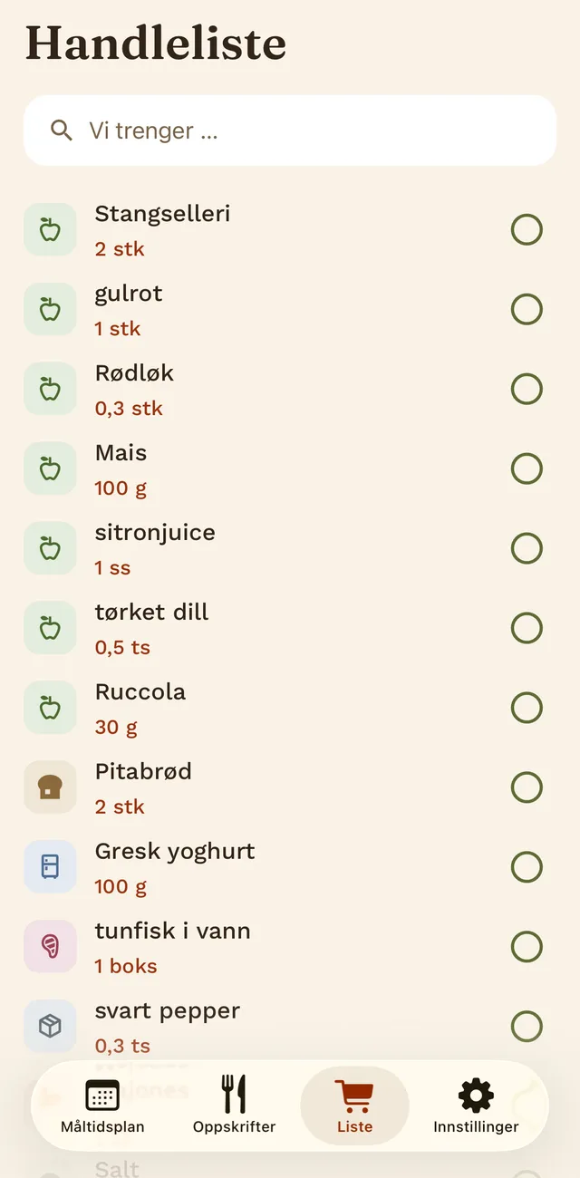 Handlelisten med varer, mengder og kategori-ikoner.