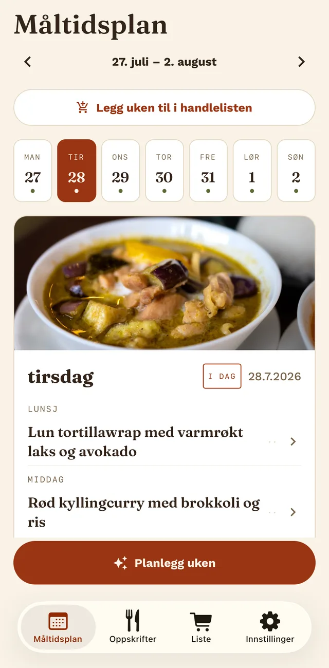 Ukeplanen med dagslinje og måltidene for hver dag.