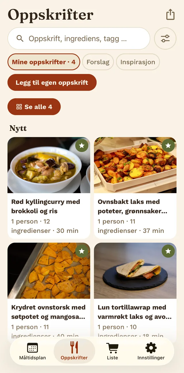 Oppskriftssamlingen i Tellerino, med bilder, porsjoner og koketider.