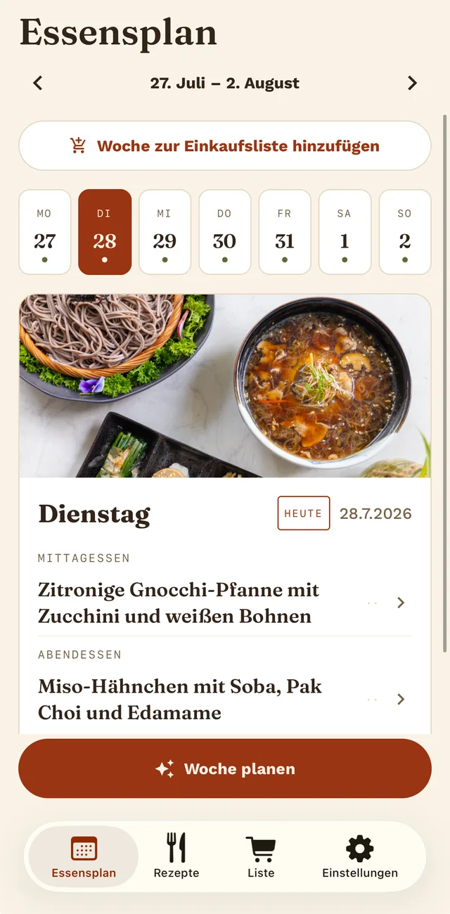 Der Essensplan einer Woche mit Tagesleiste und den Mahlzeiten je Tag.